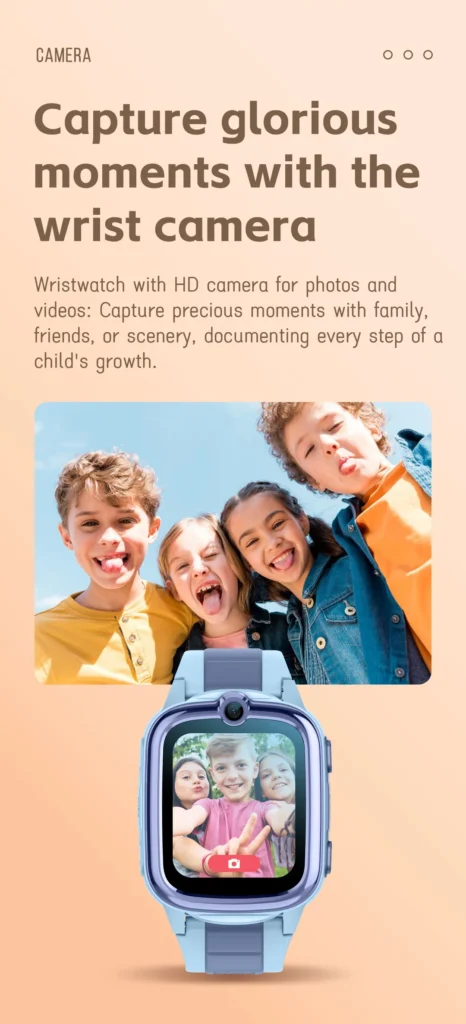 Promotional image of a wristwatch featuring an HD camera showing people taking a photo. Text describes capturing moments with the wrist camera.