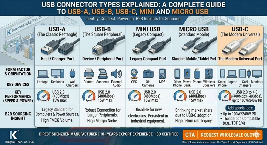 Comparison of USB connector types including USB-A, USB-B, Mini USB, Micro USB, and USB-C, with details on form factor, key devices, and performance.