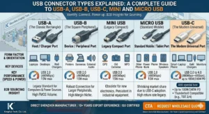 Comparison of USB connector types including USB-A, USB-B, Mini USB, Micro USB, and USB-C, with details on form factor, key devices, and performance.