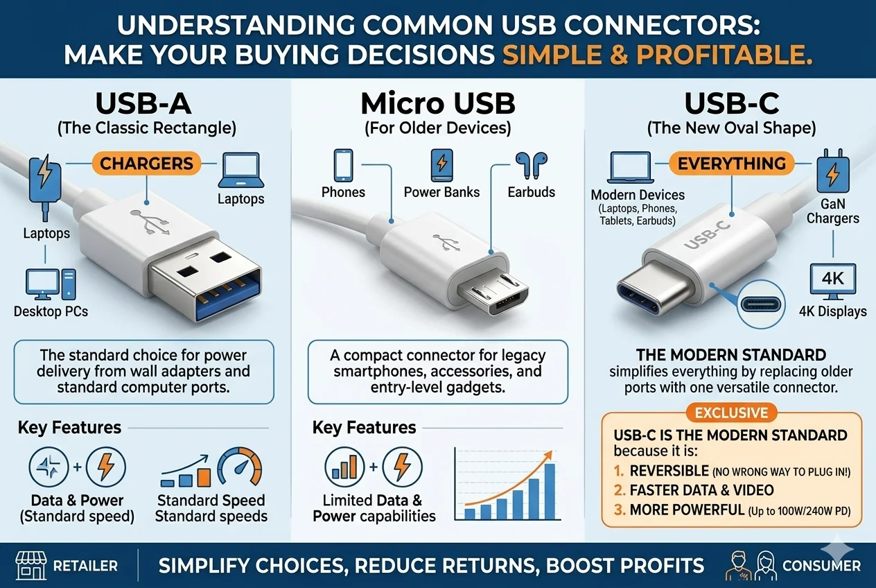 A collection of different USB connector types like USB-A, USB-C, and Micro USB