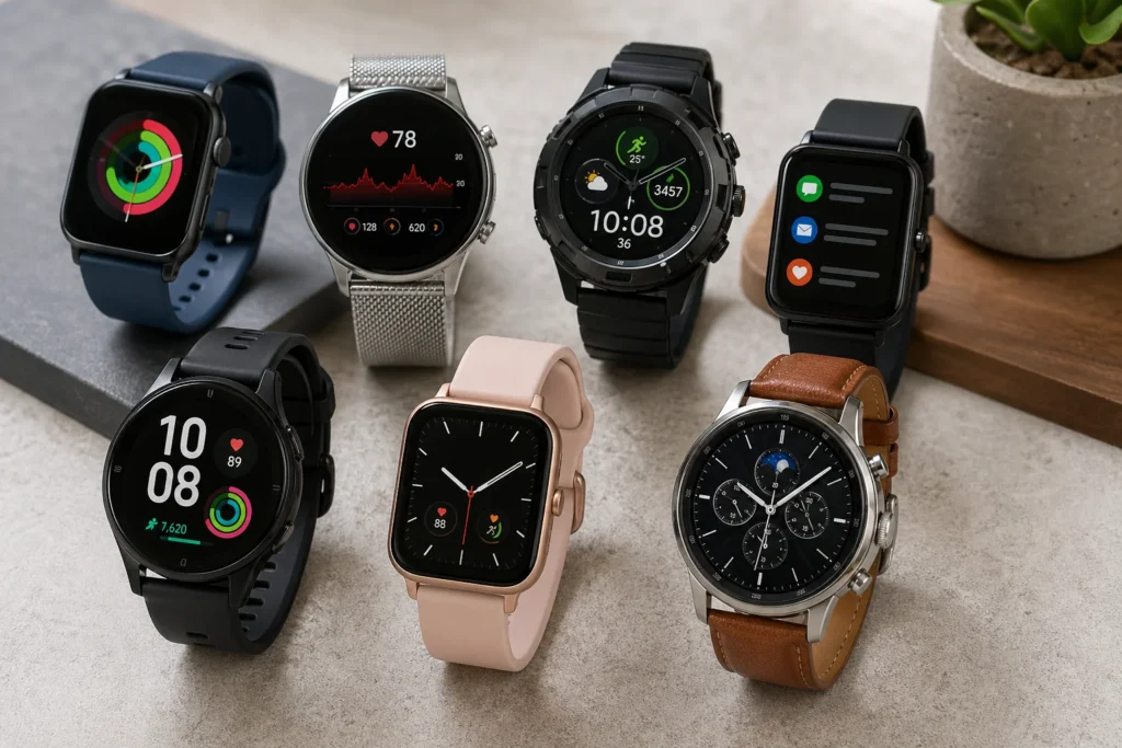 Several stylish smartwatches with different designs and features displayed on a surface, showcasing diverse functionalities like fitness tracking and notifications.