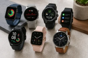Several stylish smartwatches with different designs and features displayed on a surface, showcasing diverse functionalities like fitness tracking and notifications.