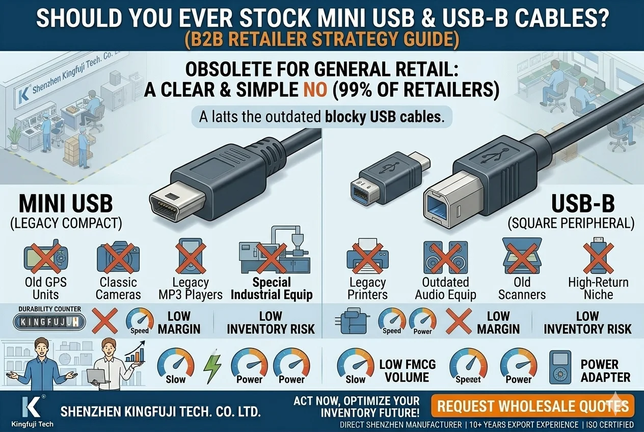 An old Mini USB connector and a square USB-B printer connector side-by-side