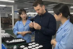 Team members inspecting wireless earbuds at a manufacturing facility with product trays on a table and industrial surroundings.