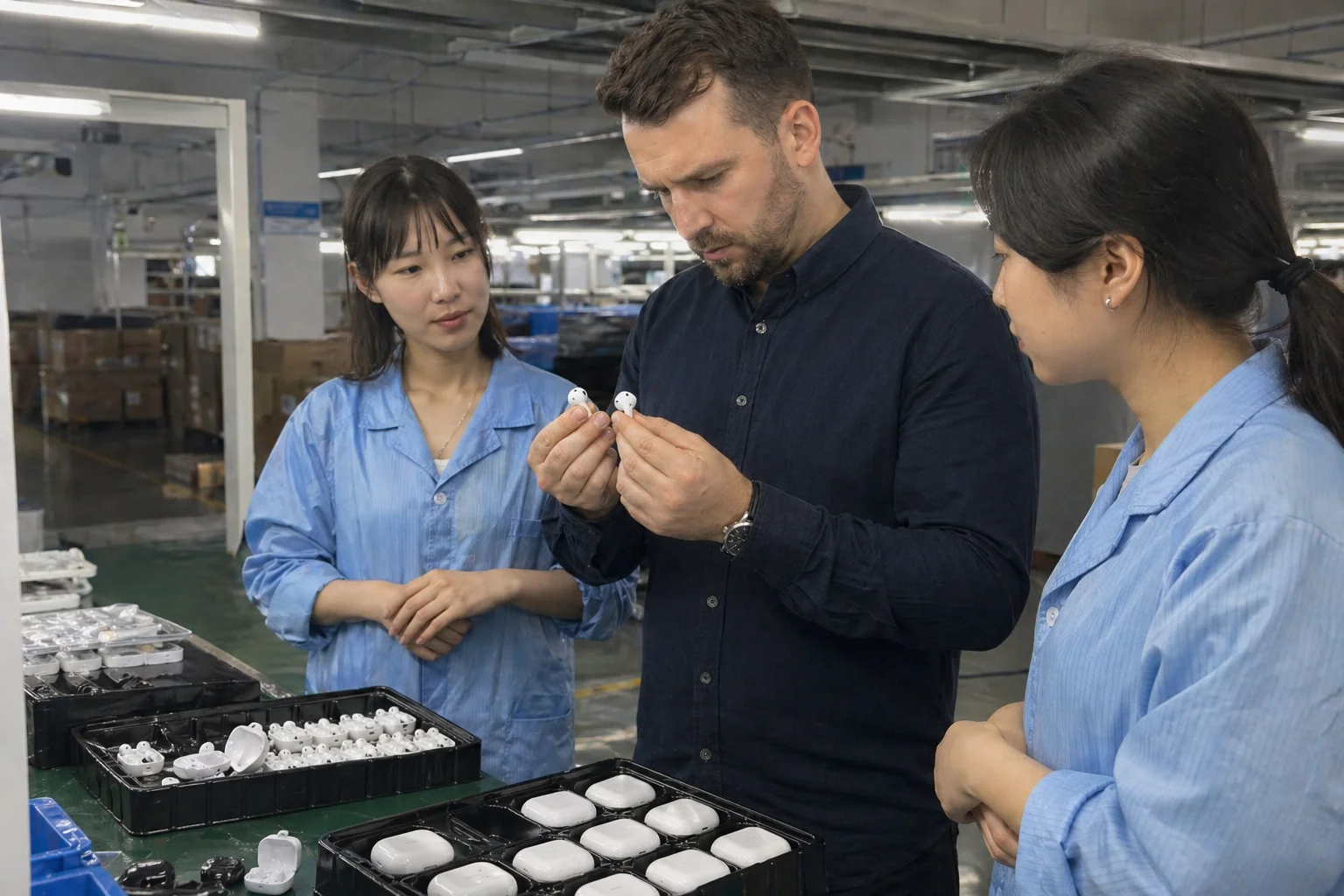 Choosing a TWS Earbud Manufacturer A buyer inspecting TWS earbuds from a manufacturer
