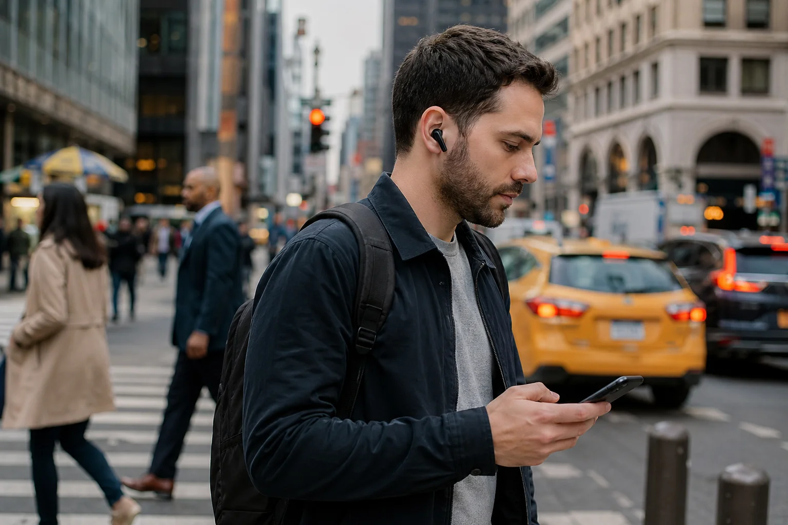 TWS Earbuds in Real-World Use A person using TWS earbuds in a busy city environment