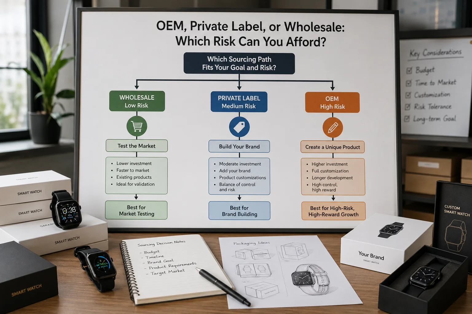 A flowchart showing the decision path between Wholesale, Private Label, and OEM