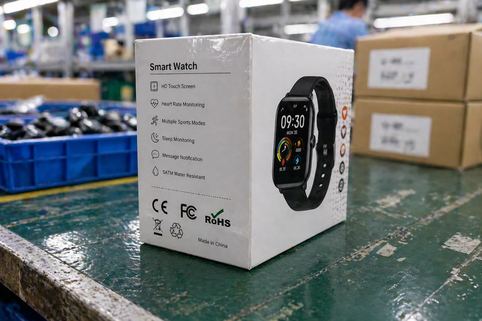 Certifications logos like CE, FCC, RoHS on a product box