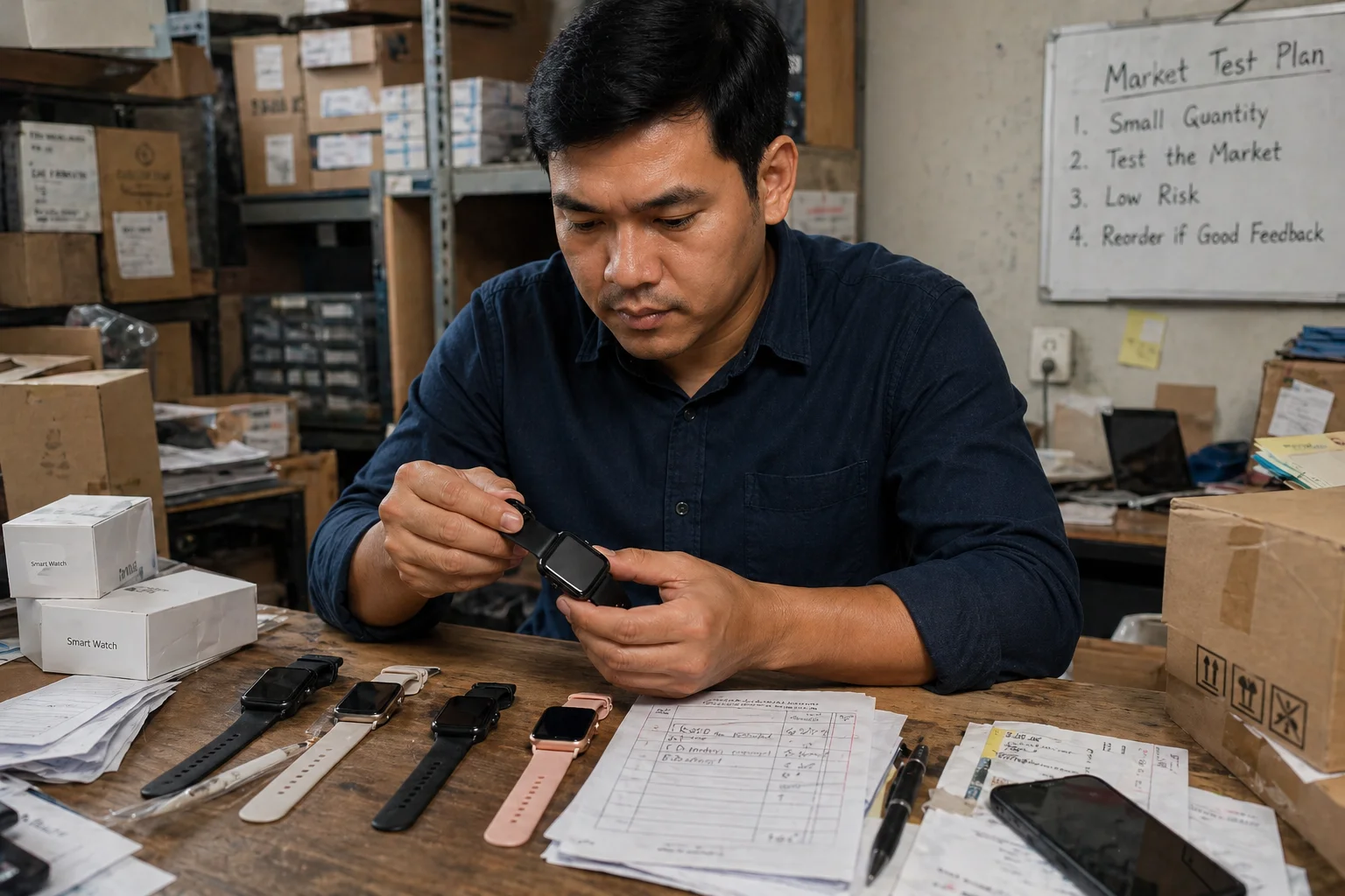A small business owner carefully inspecting a few sample smartwatches
