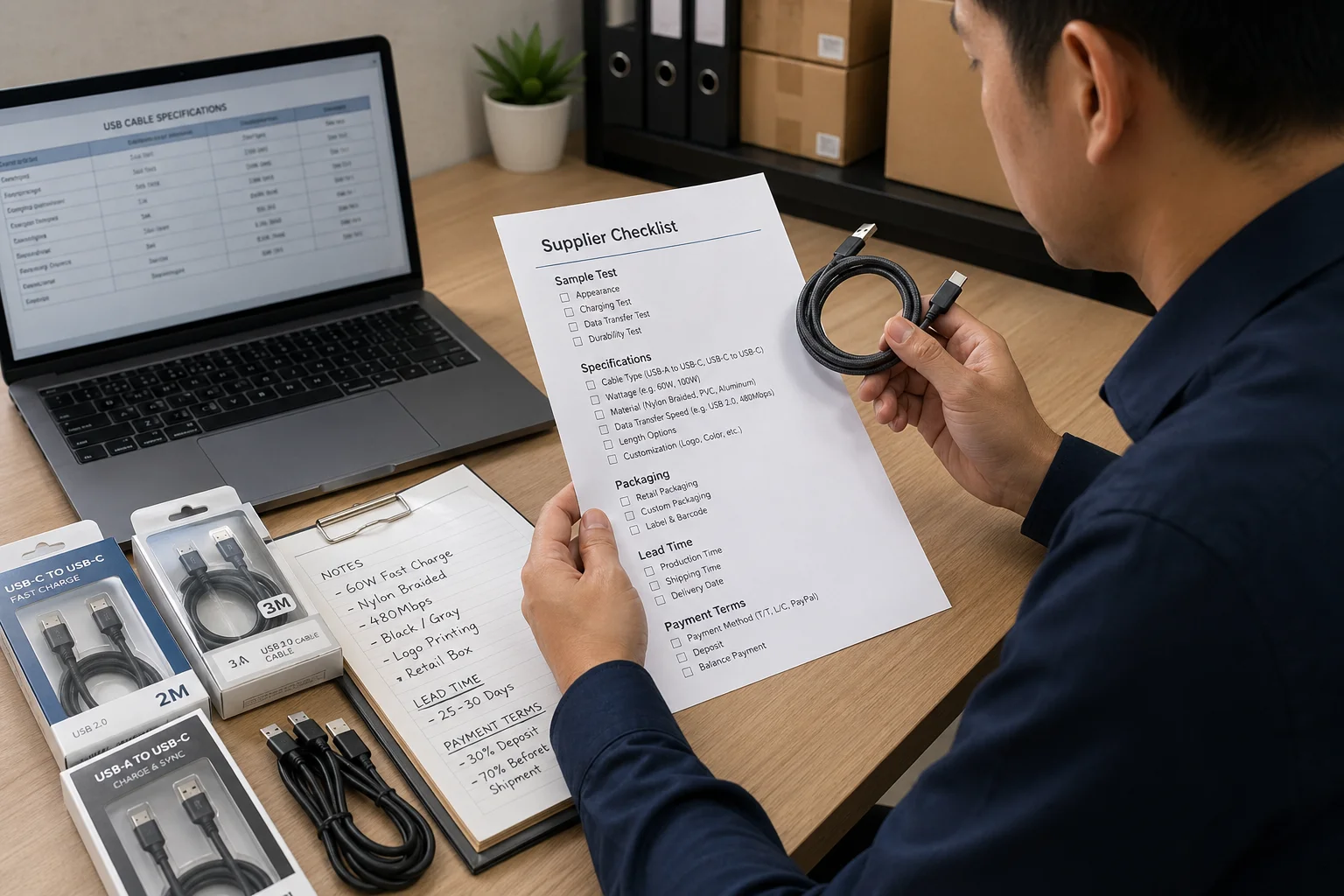 A checklist for ordering USB cables from a supplier