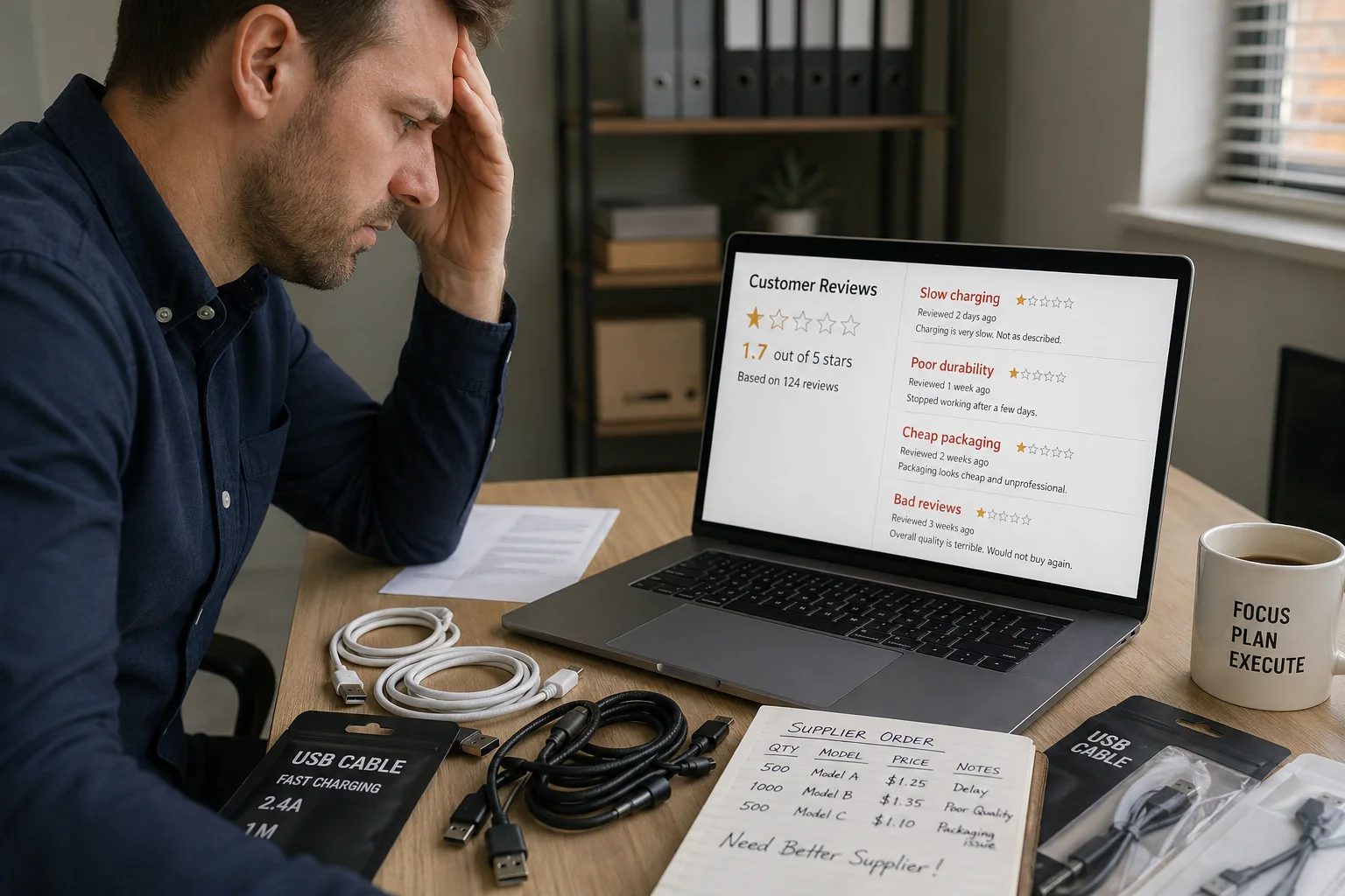 A frustrated business owner looking at negative reviews on a laptop
