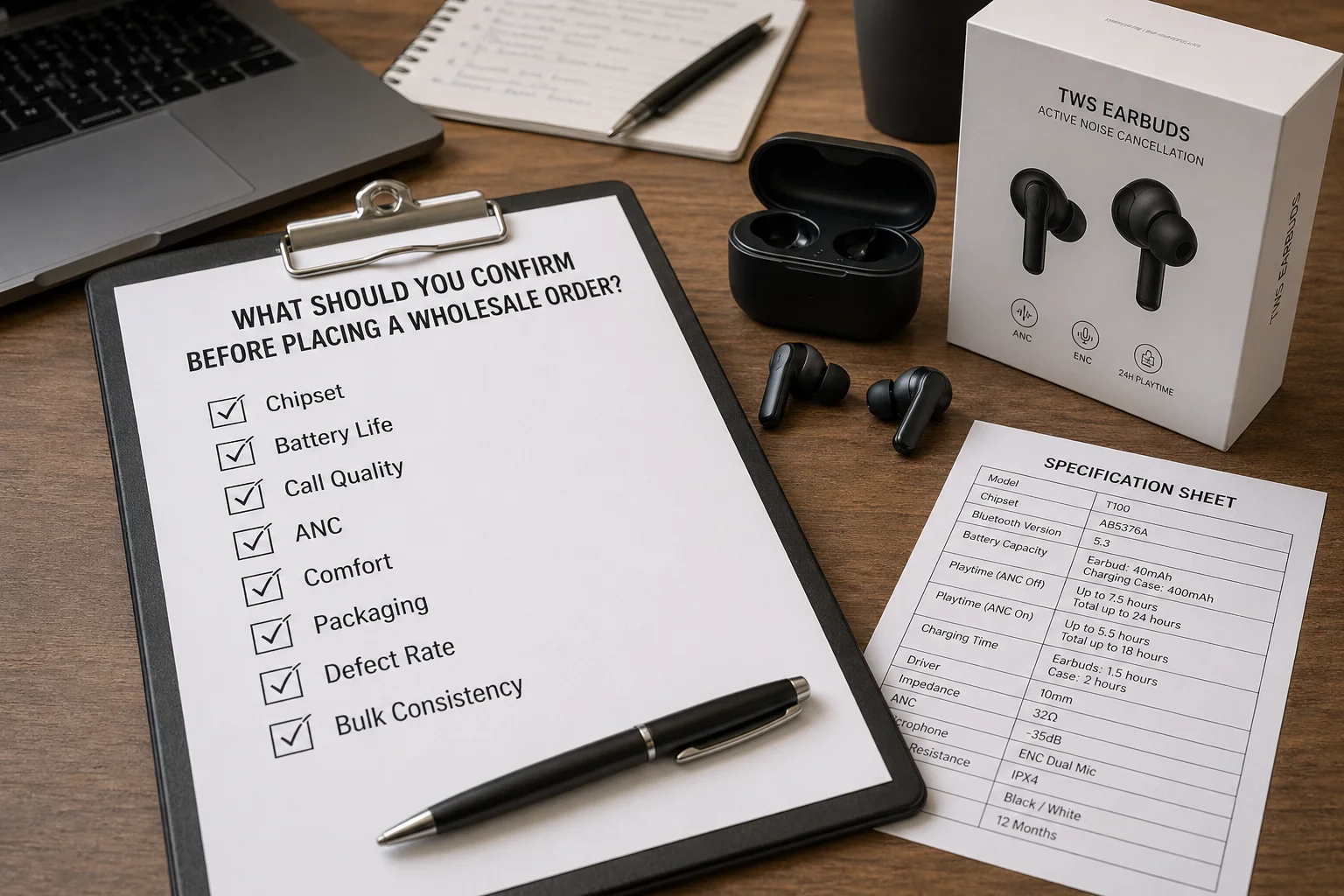 Wholesale TWS Earbuds Checklist A checklist on a clipboard next to a TWS earbud sample.