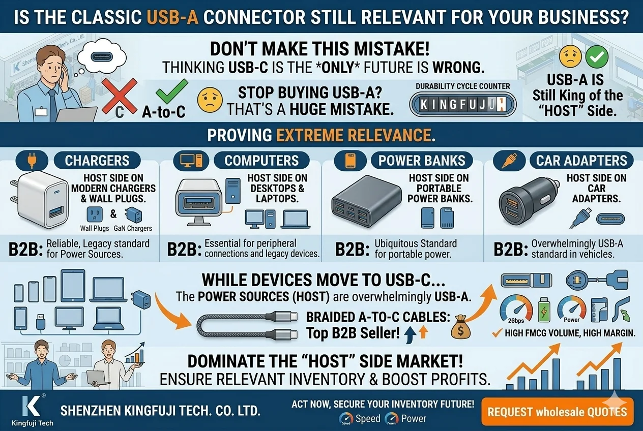 A standard rectangular USB-A connector plugged into a wall charger