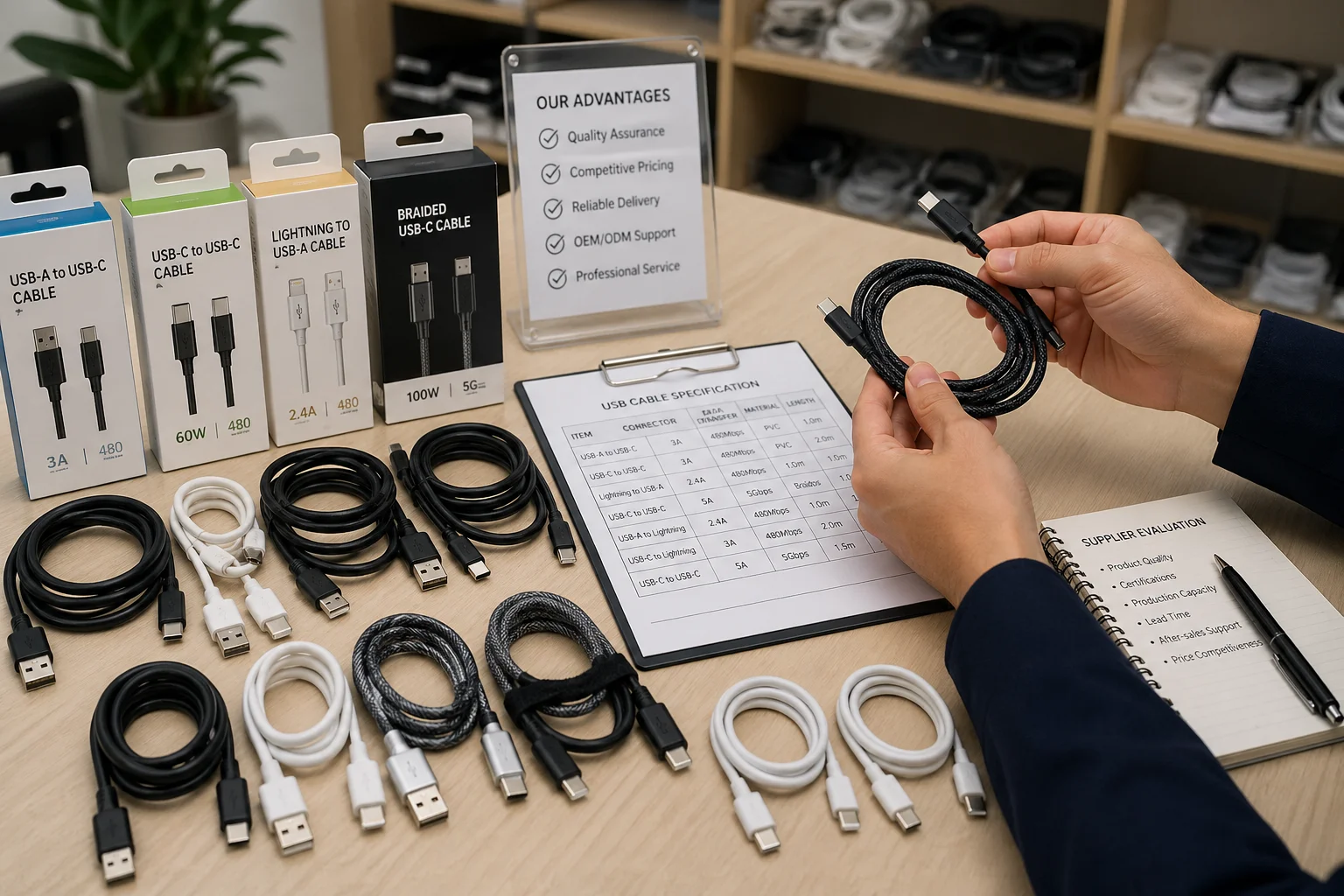 Checklist for Ordering USB Cables Assorted OEM USB cables on a table