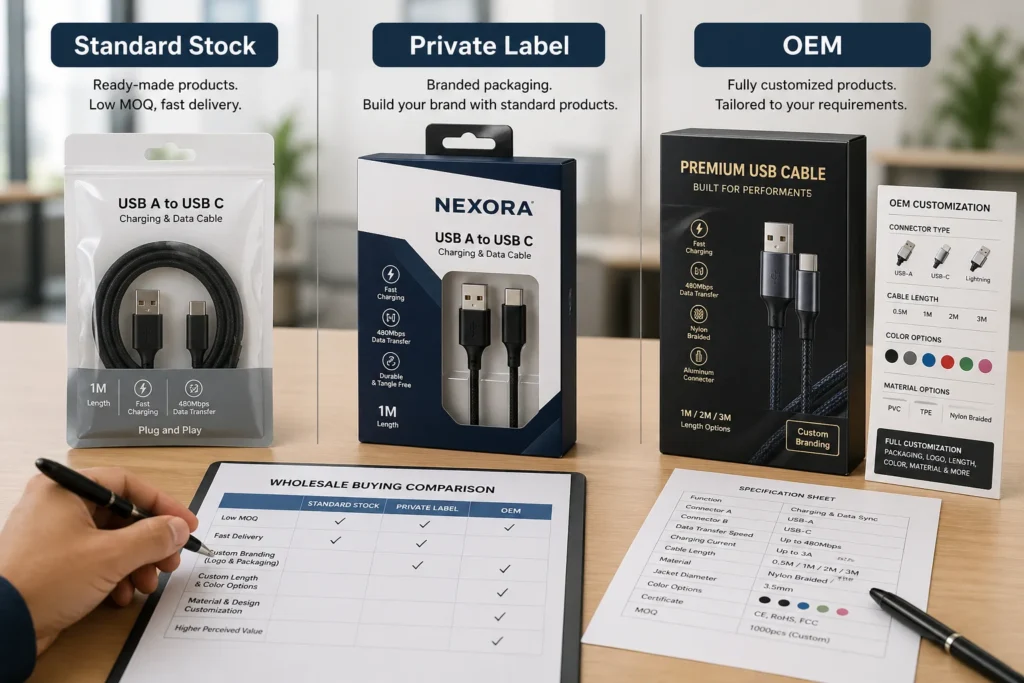 Three USB cable packaging options—standard stock, private label, and OEM—are displayed with descriptions, alongside a wholesale buying comparison chart.