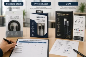 Three USB cable packaging options—standard stock, private label, and OEM—are displayed with descriptions, alongside a wholesale buying comparison chart.