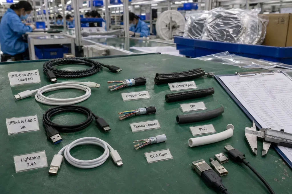 Various USB cables labeled with specifications and core materials on a green factory table with workers assembling products in the background.