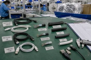 Various USB cables labeled with specifications and core materials on a green factory table with workers assembling products in the background.