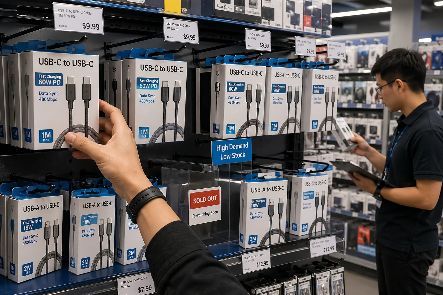 USB Cable Sell-Through A retail shelf with well-packaged USB cables selling fast