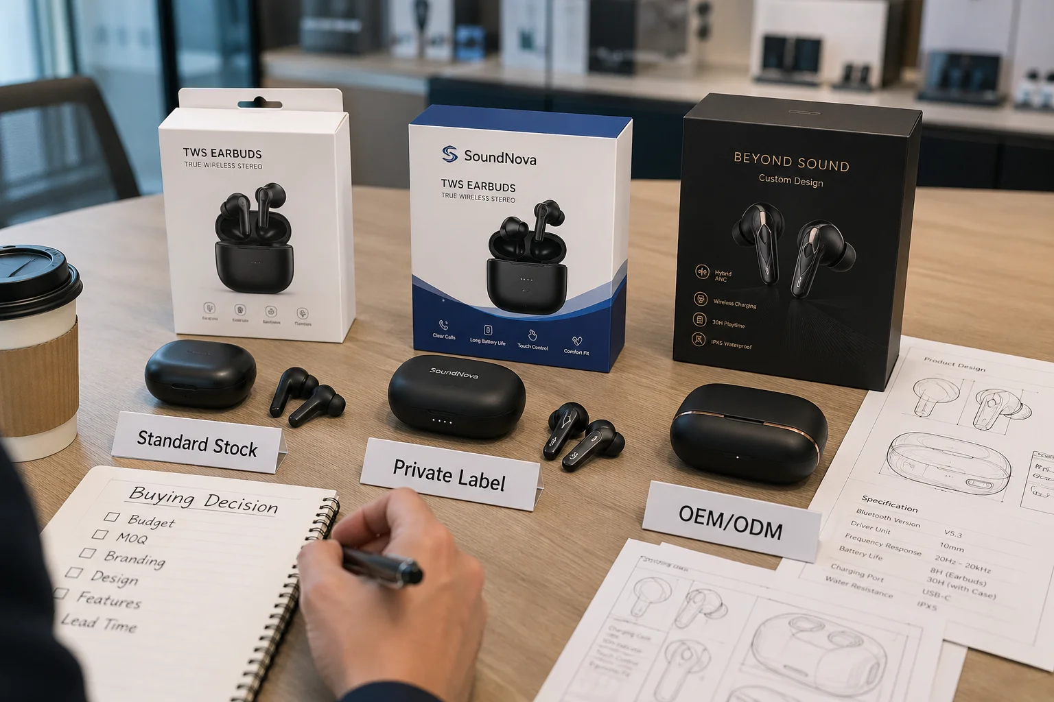 OEM vs Private Label TWS Earbuds A comparison of standard, private label, and OEM product boxes