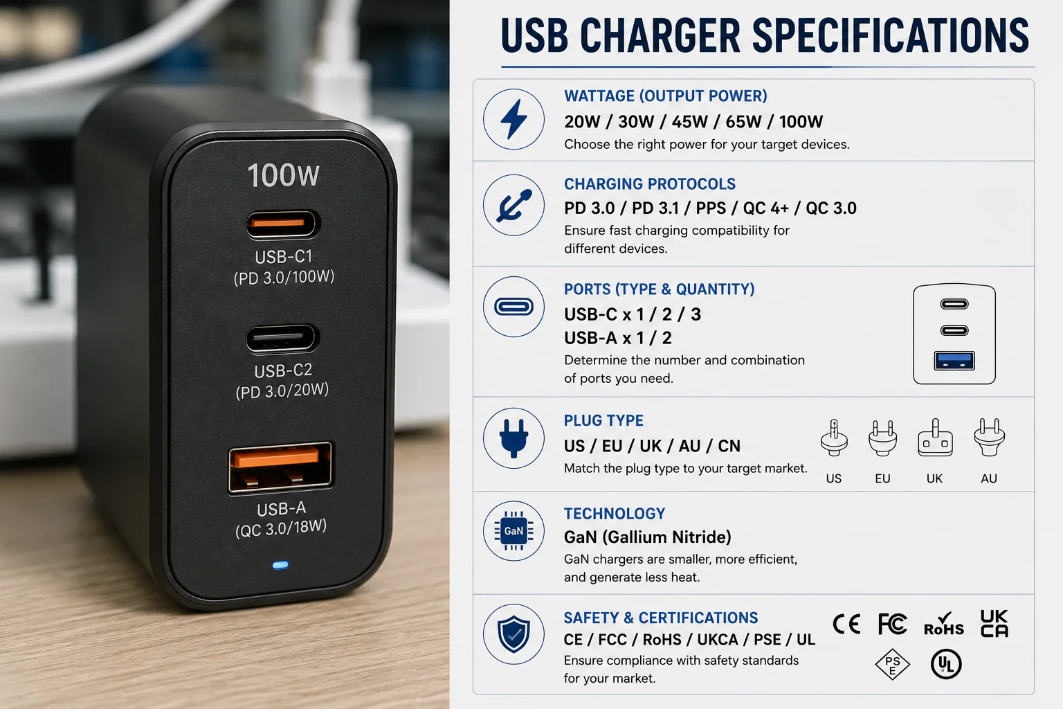 USB Charger Technical Specifications A close-up shot of charger ports showing USB-A and USB-C.