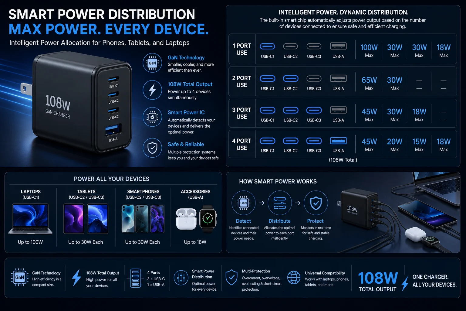 Smart Power Distribution for Phones Tablets Laptops smart power distribution GaN charger
