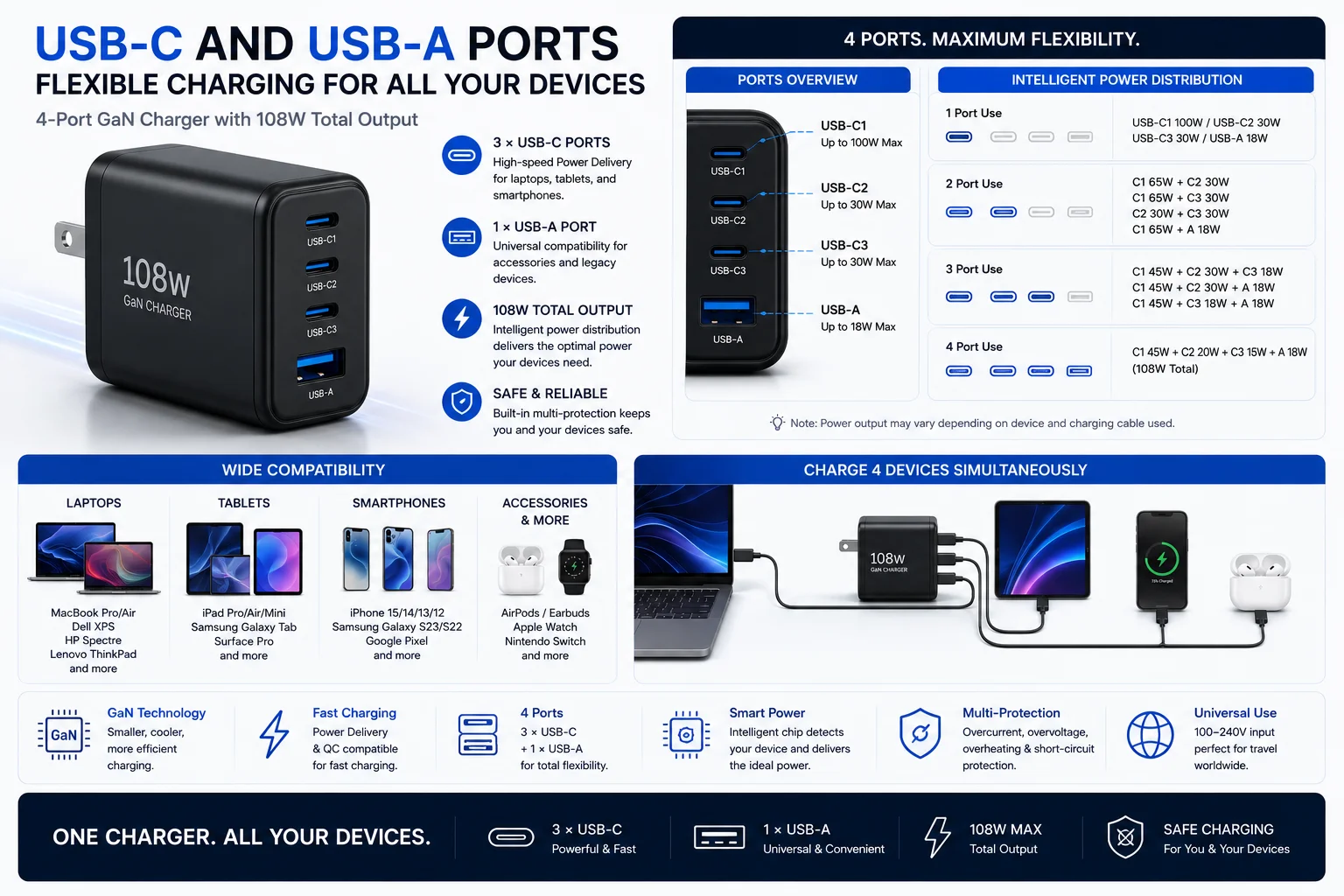 USB-C and USB-A Ports Flexible Charging USB C USB A 4 port GaN charger