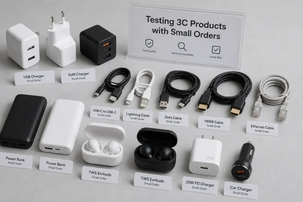 Assorted 3C electronics products including chargers, cables, power banks, and TWS earbuds displayed with labels for small orders.