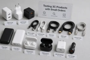 Assorted 3C electronics products including chargers, cables, power banks, and TWS earbuds displayed with labels for small orders.