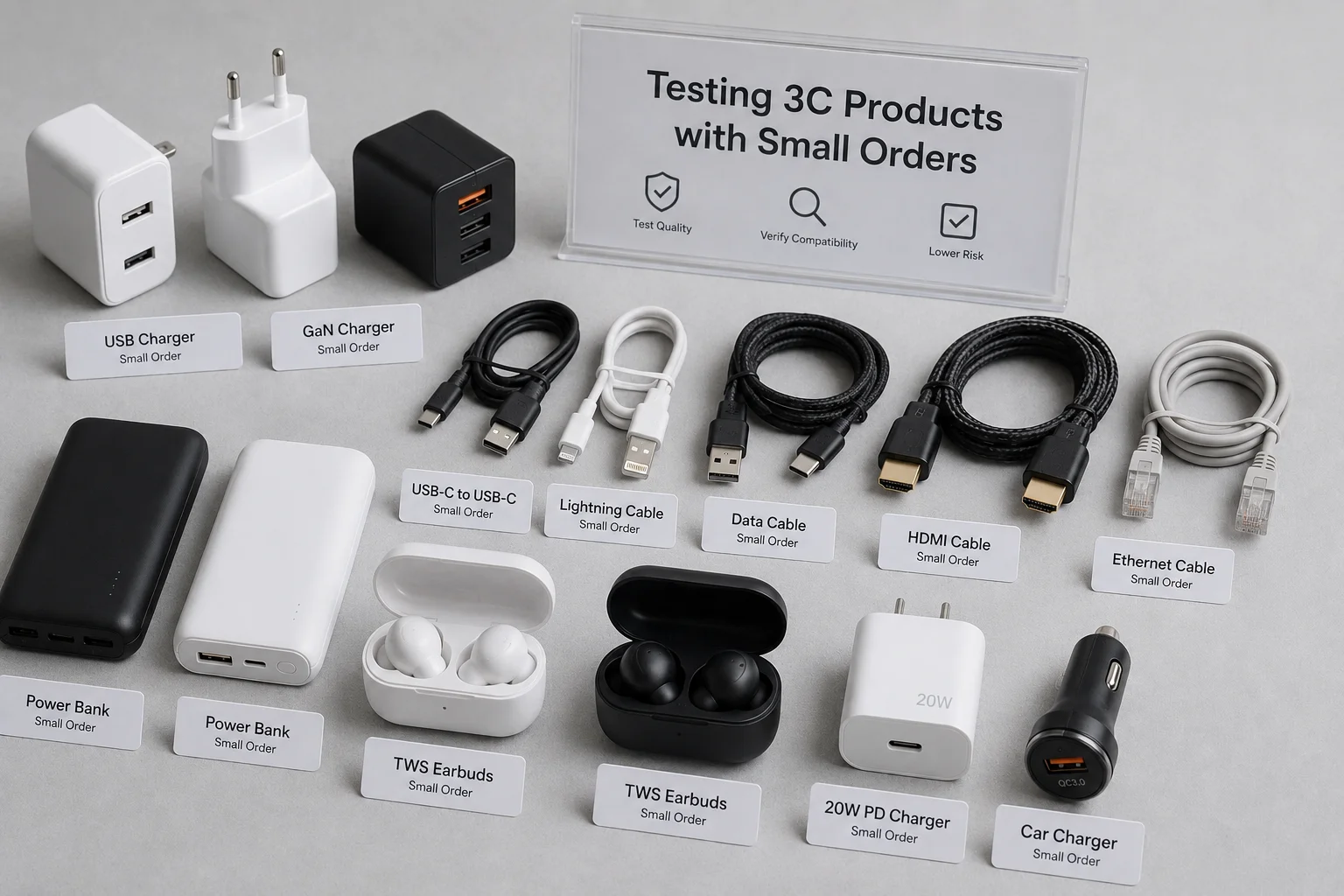 Testing 3C Products with Small Orders A variety of 3C electronics like USB cables, chargers, and earbuds arranged neatly