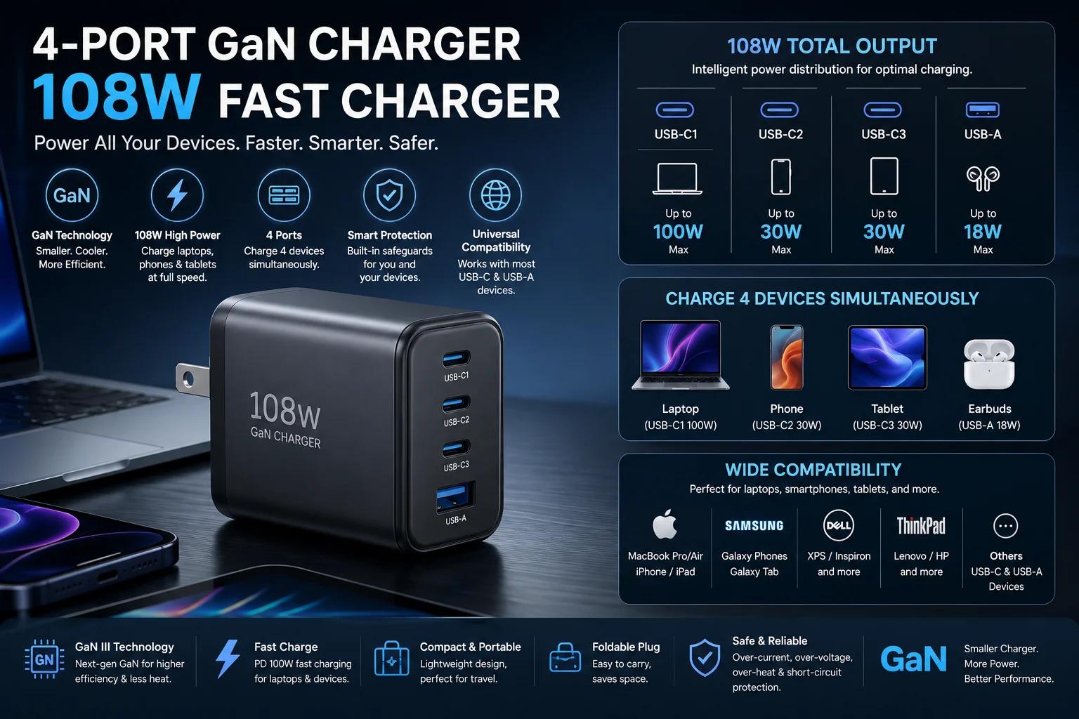 4-Port GaN Charger 108W 4 port GaN charger 108W fast charger for laptop phone tablet