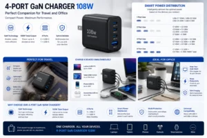 Promotional product image of a 4-port GaN 108W charger showcasing features like smart power distribution, compact size, and universal compatibility for laptops, tablets, phones, and accessories.