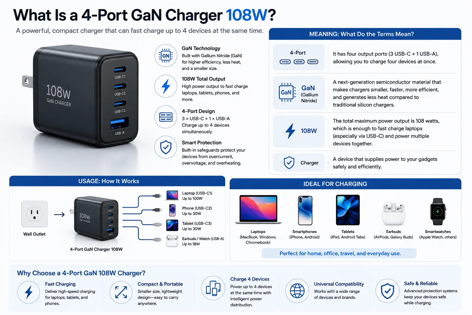 What Is a 4-Port GaN Charger 108W 4 port GaN charger meaning and usage