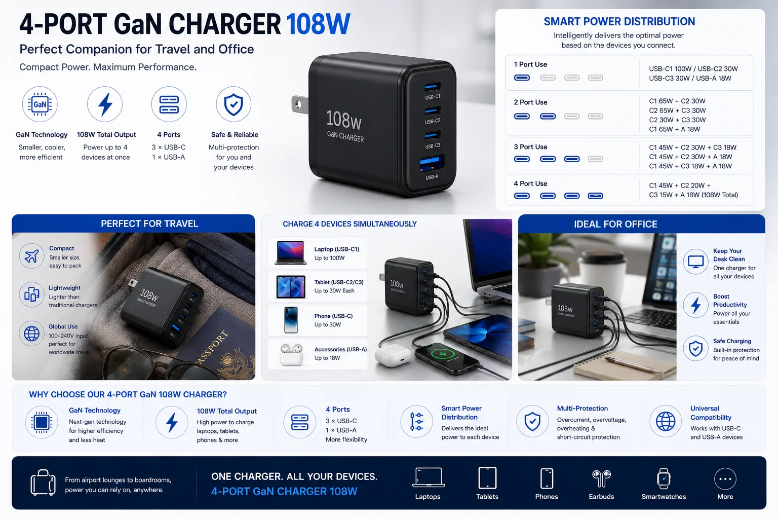4-Port GaN Chargers for Travel and Office Use travel office 4 port GaN charger 108W