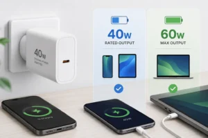 White 40W dynamic power adapter plugged into a wall outlet beside phones and a laptop charging with a maximum output of 60W.