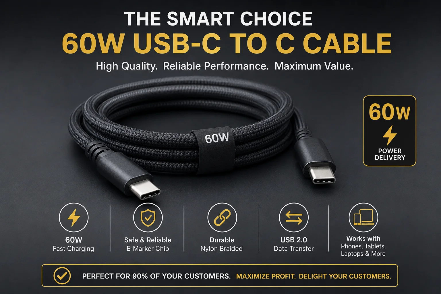 A single, well-made 60W USB-C cable A simple image of a high-quality 60W USB-C cable, presented as the ideal choice