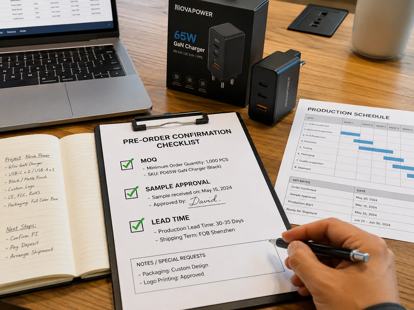 Pre-Order Confirmation Checklist A checklist showing MOQ, Sample, and Lead Time items ticked off