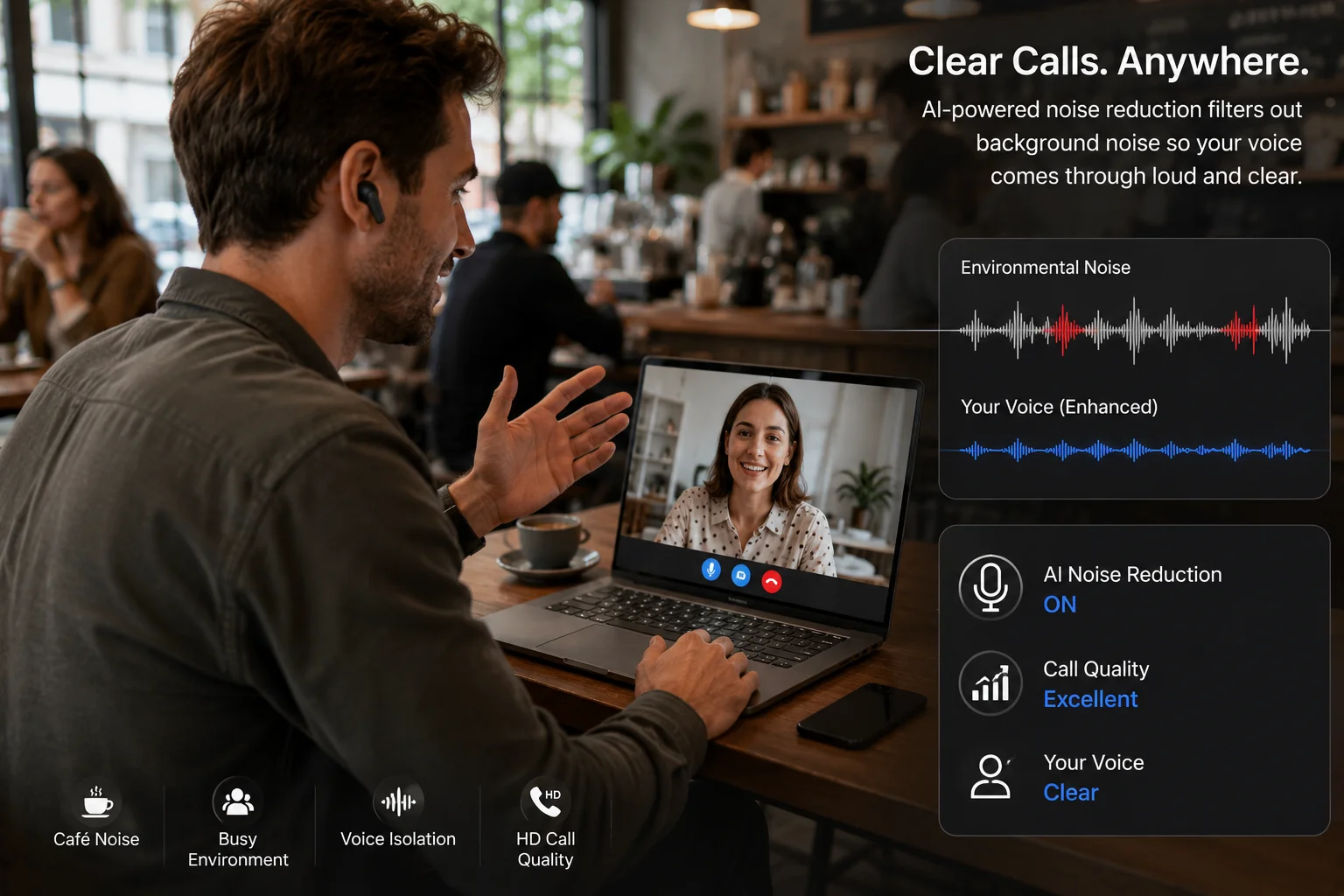 Clear call quality with noise reduction A person on a video call in a noisy cafe, with clear audio