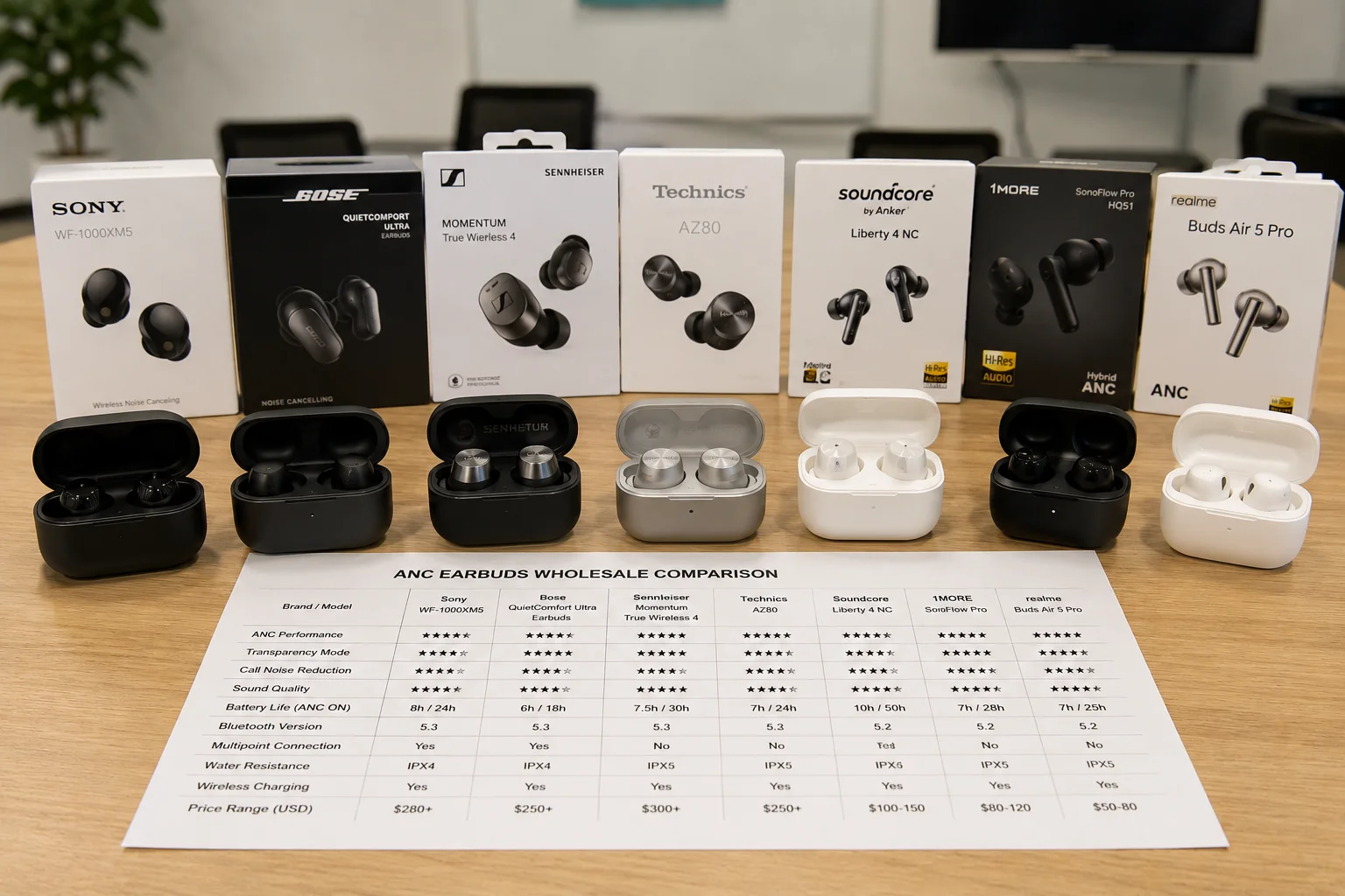 ANC Earbuds Wholesale Comparison A collection of different ANC earbuds on a table