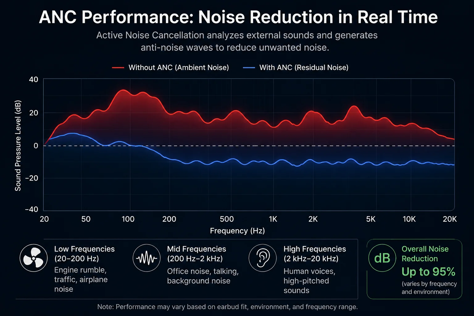 ANC Performance Graph A graph showing sound waves with and without ANC