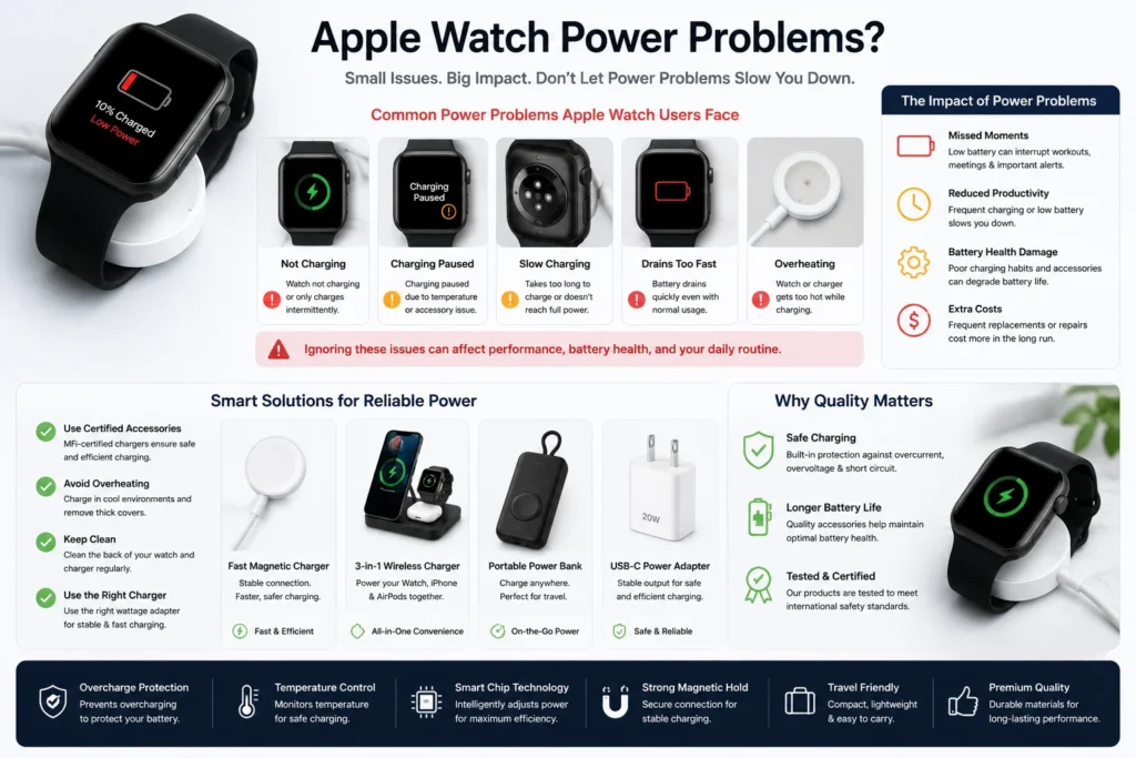 Informative diagram detailing common Apple Watch power problems, their impacts, and smart charging solutions such as certified accessories, fast chargers, and portable power banks.