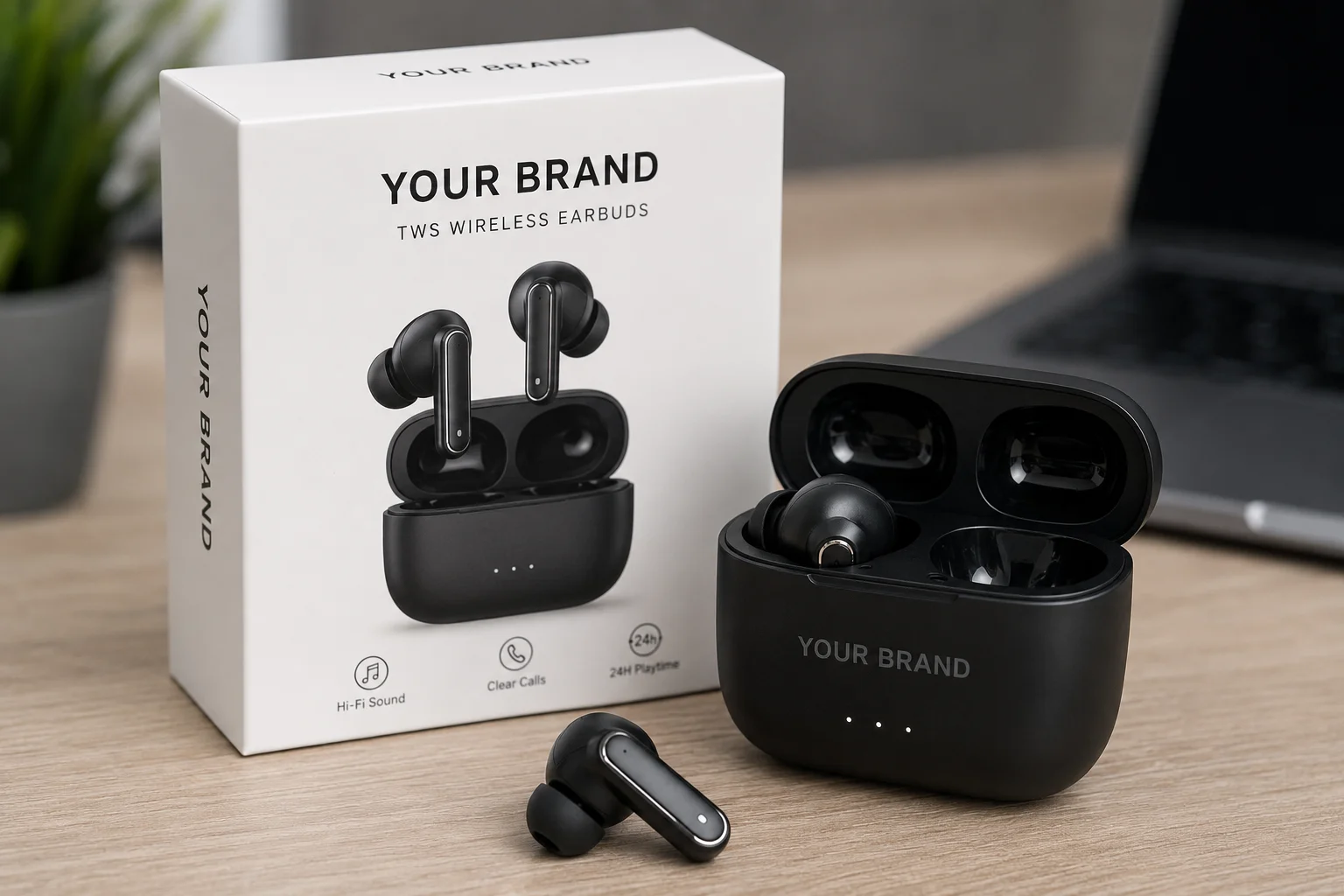 Custom TWS Packaging and Logo A custom branded TWS earbud box next to the product