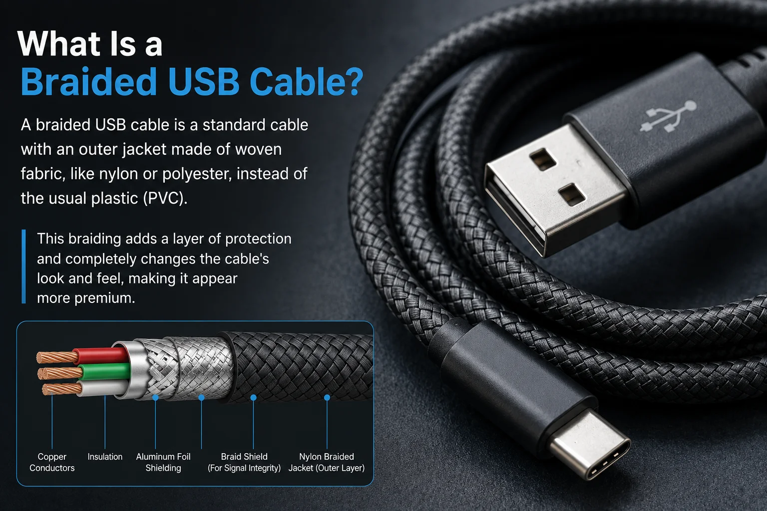 close-up of a nylon braided cable