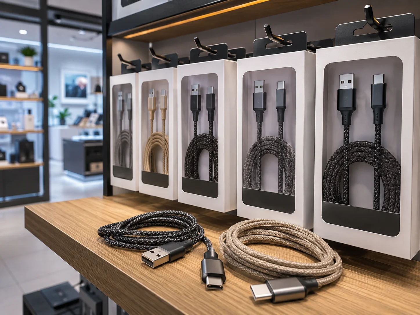 braided usb cables in a retail setting