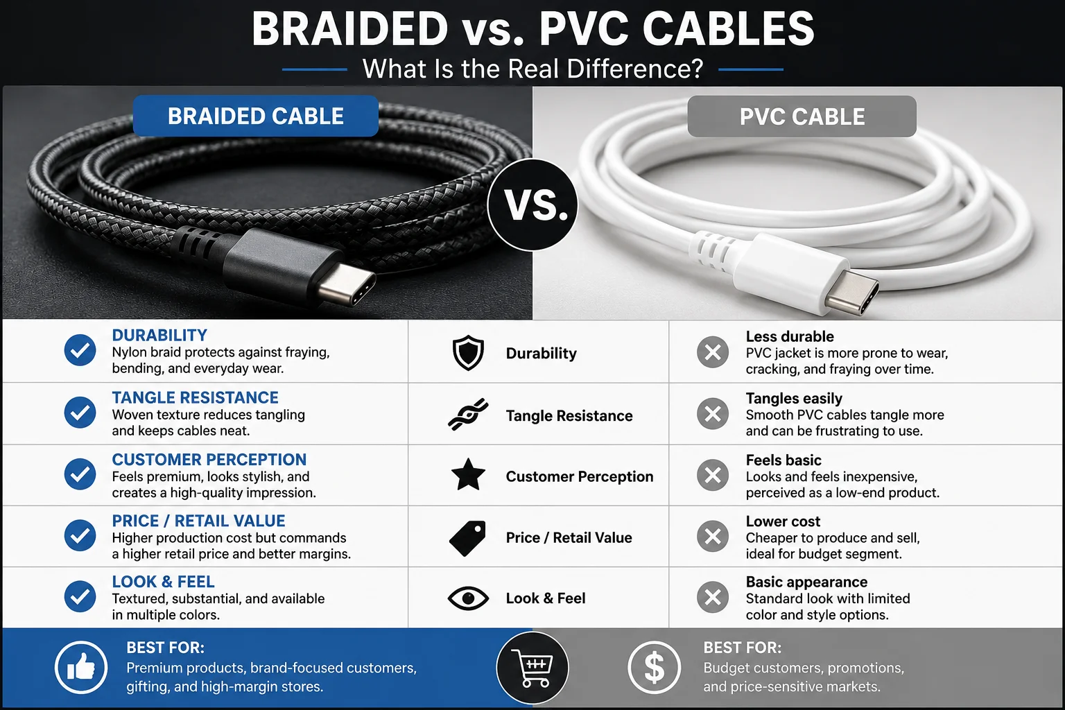 side-by-side comparison of braided and pvc cables