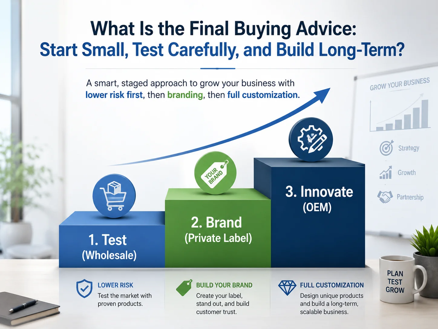Sourcing Strategy: Test, Brand, Innovate A simple three-step staircase labeled 1. Test (Wholesale), 2. Brand (Private Label), 3. Innovate (OEM)