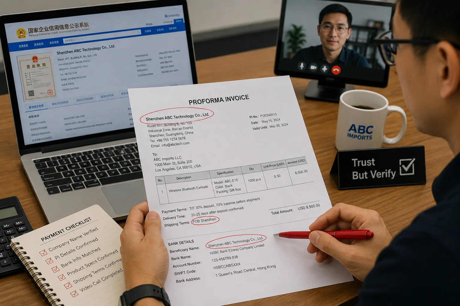 Verifying Proforma Invoice Before Payment A person carefully reviewing a Proforma Invoice with a red pen