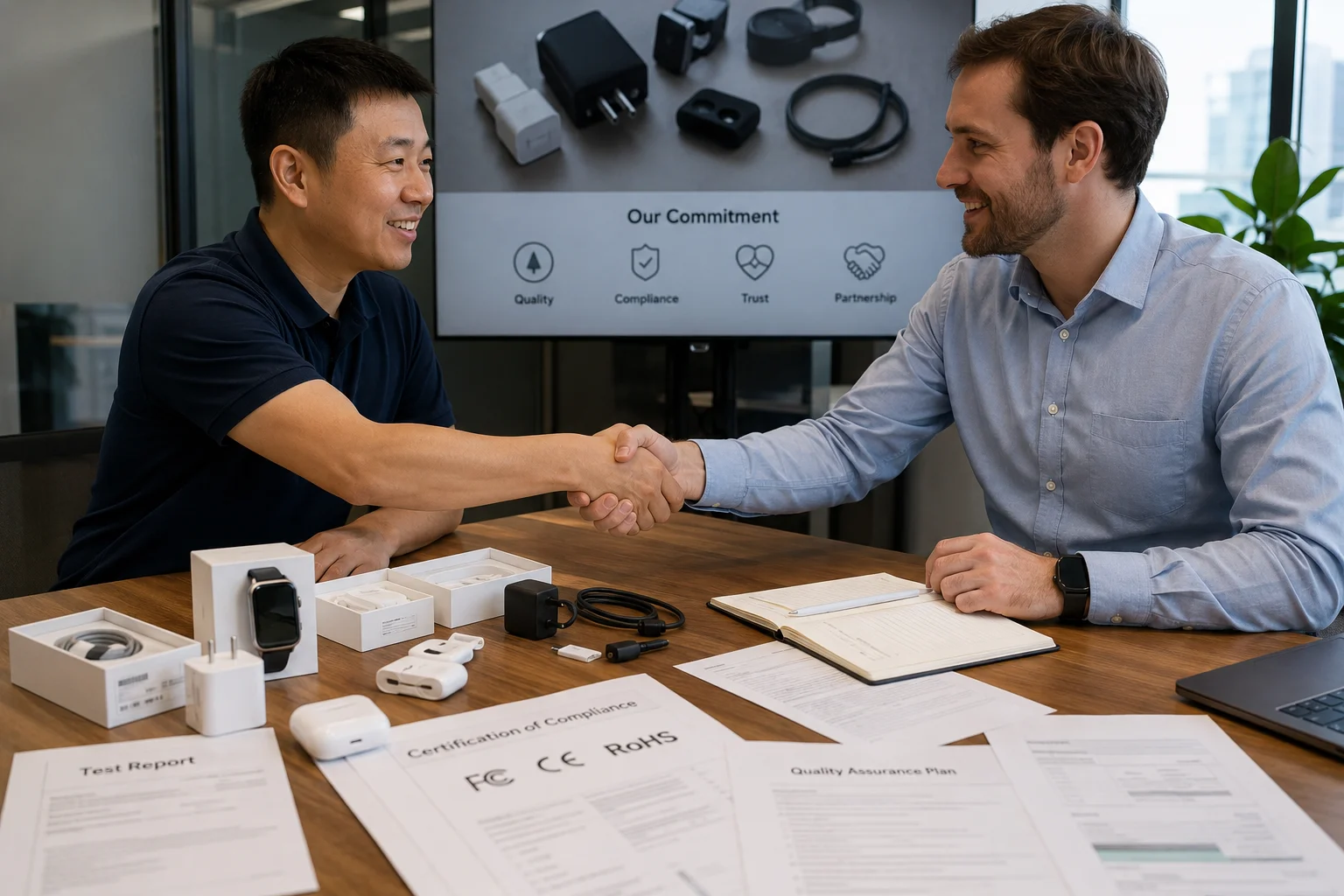 Two hands shaking over a table with product samples and compliance documents.