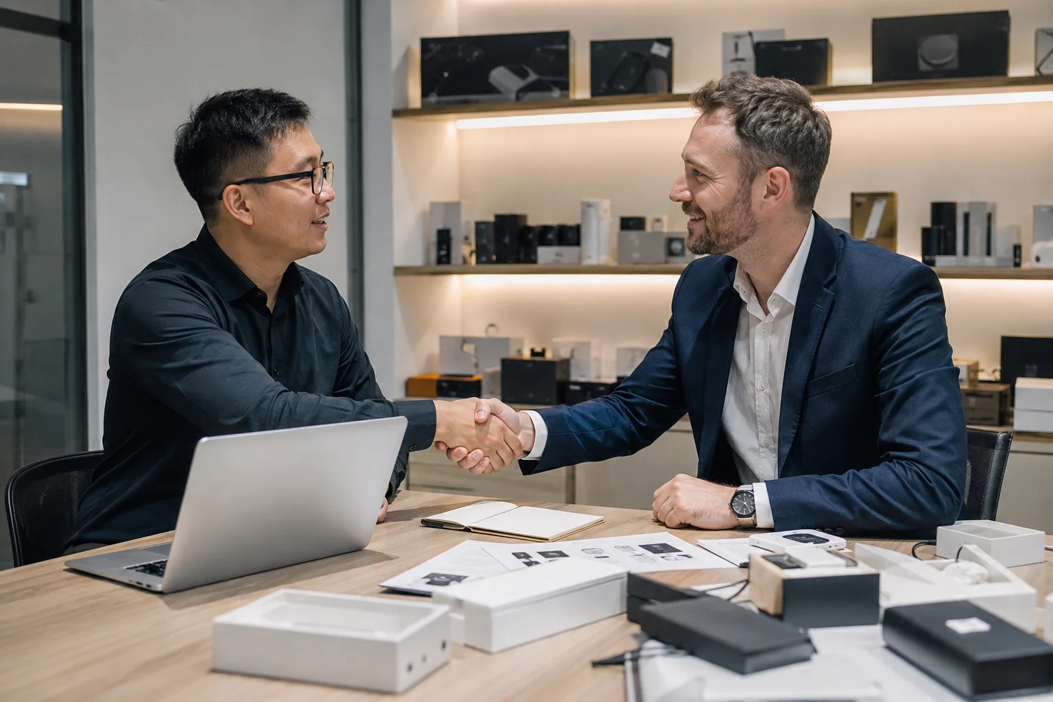 Choosing a Supplier A handshake sealing a deal between an importer and a supplier