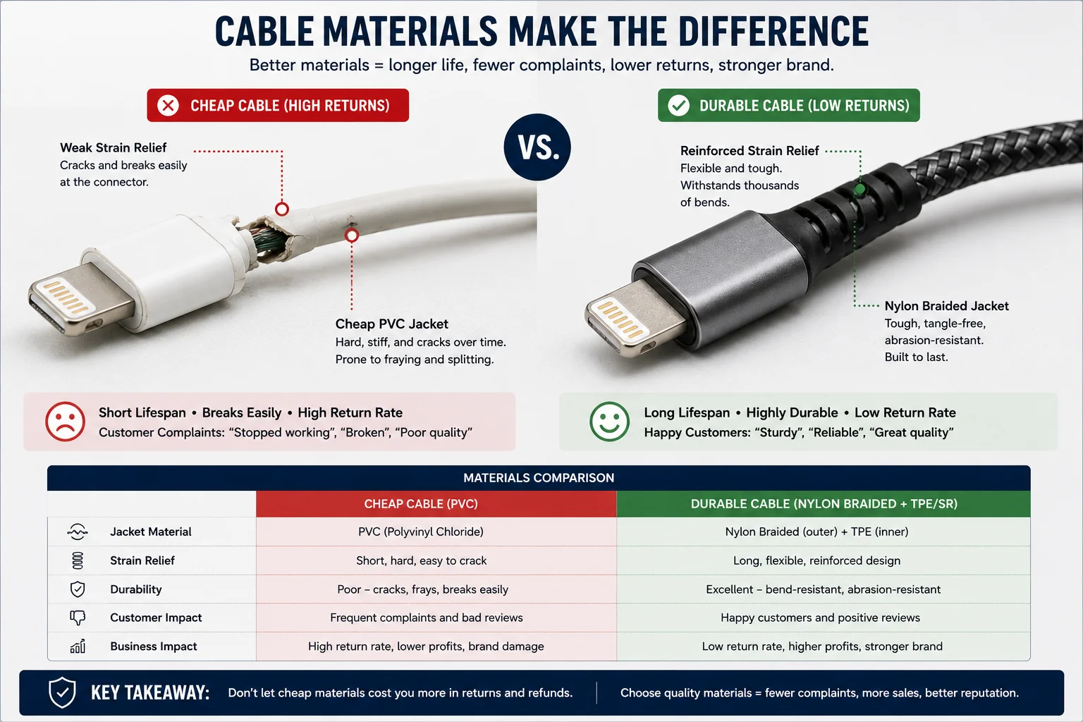 A frayed iPhone cable next to a durable braided nylon cable